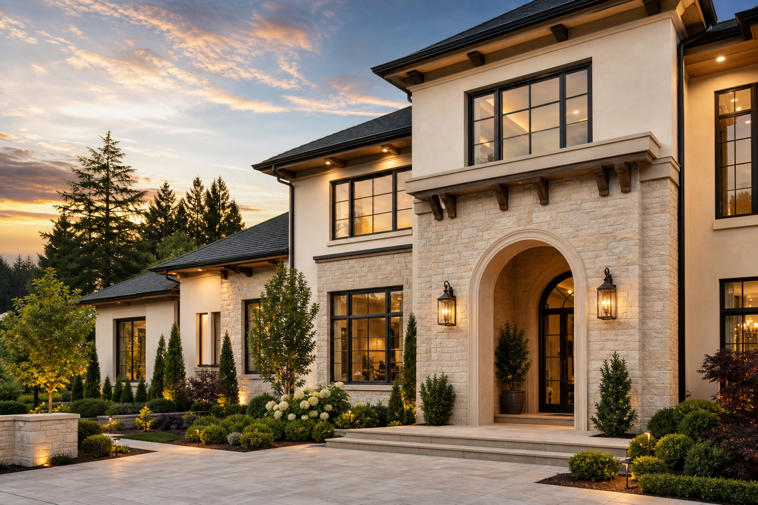 Luxury home exterior with stucco, stone veneer, and warm entry lighting